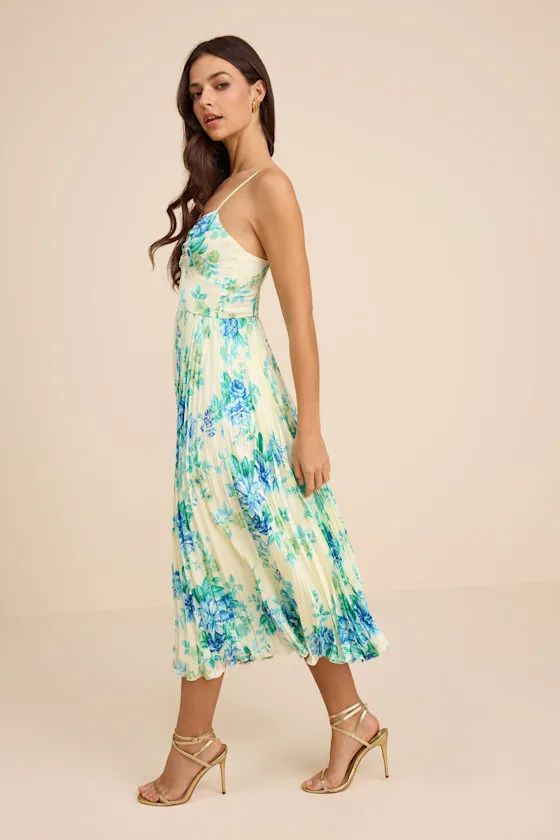 Francette Yellow Floral Satin Pleated Midi Dress