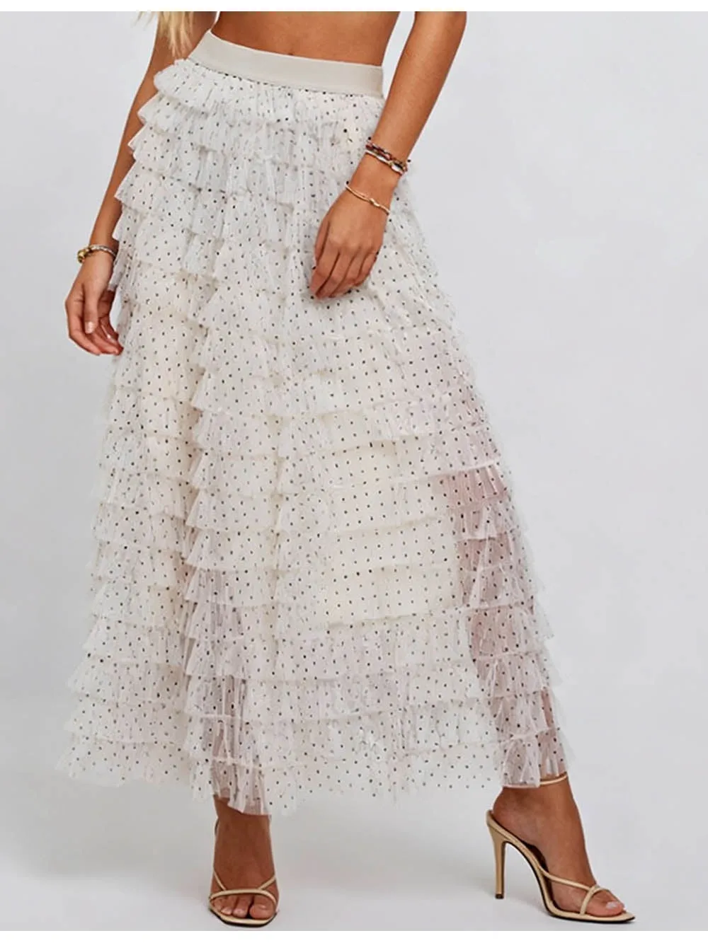 Polka Dot Tiered Ruffle Elastic Waist Tulle Midi Skirt