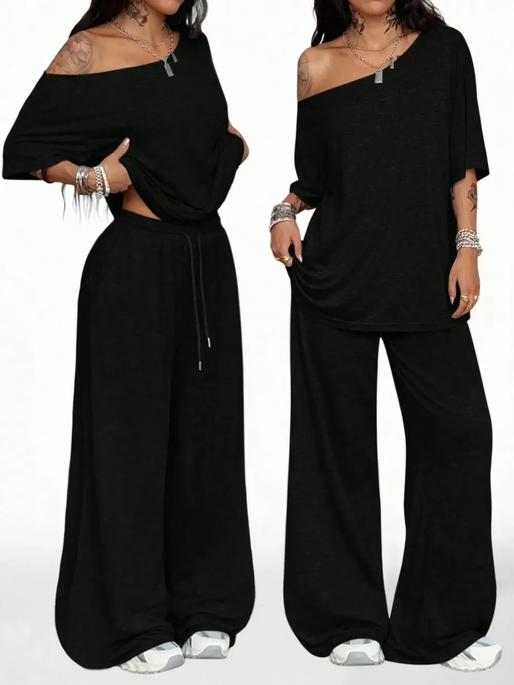Women’s Casual Two-Piece Set – Wide-Leg Pants & Slant Neck Top