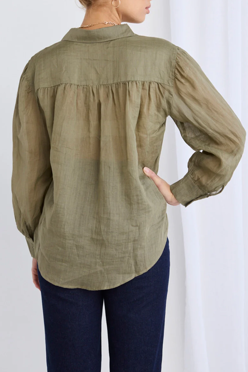 Olive Green Sheer Long - Sleeve Shirt
