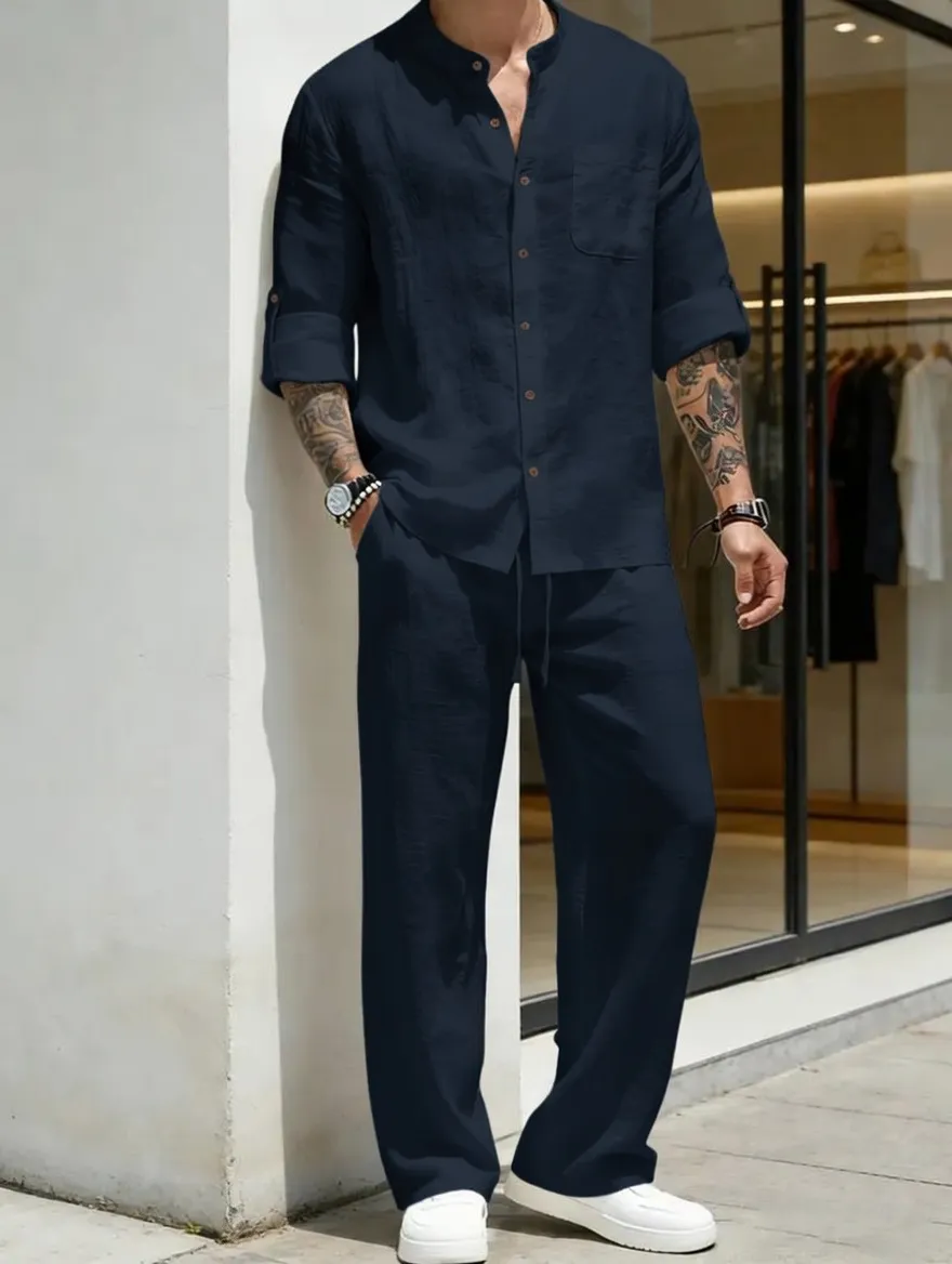 Men's Linen Stand Collar Long Sleeve Casual Suit
