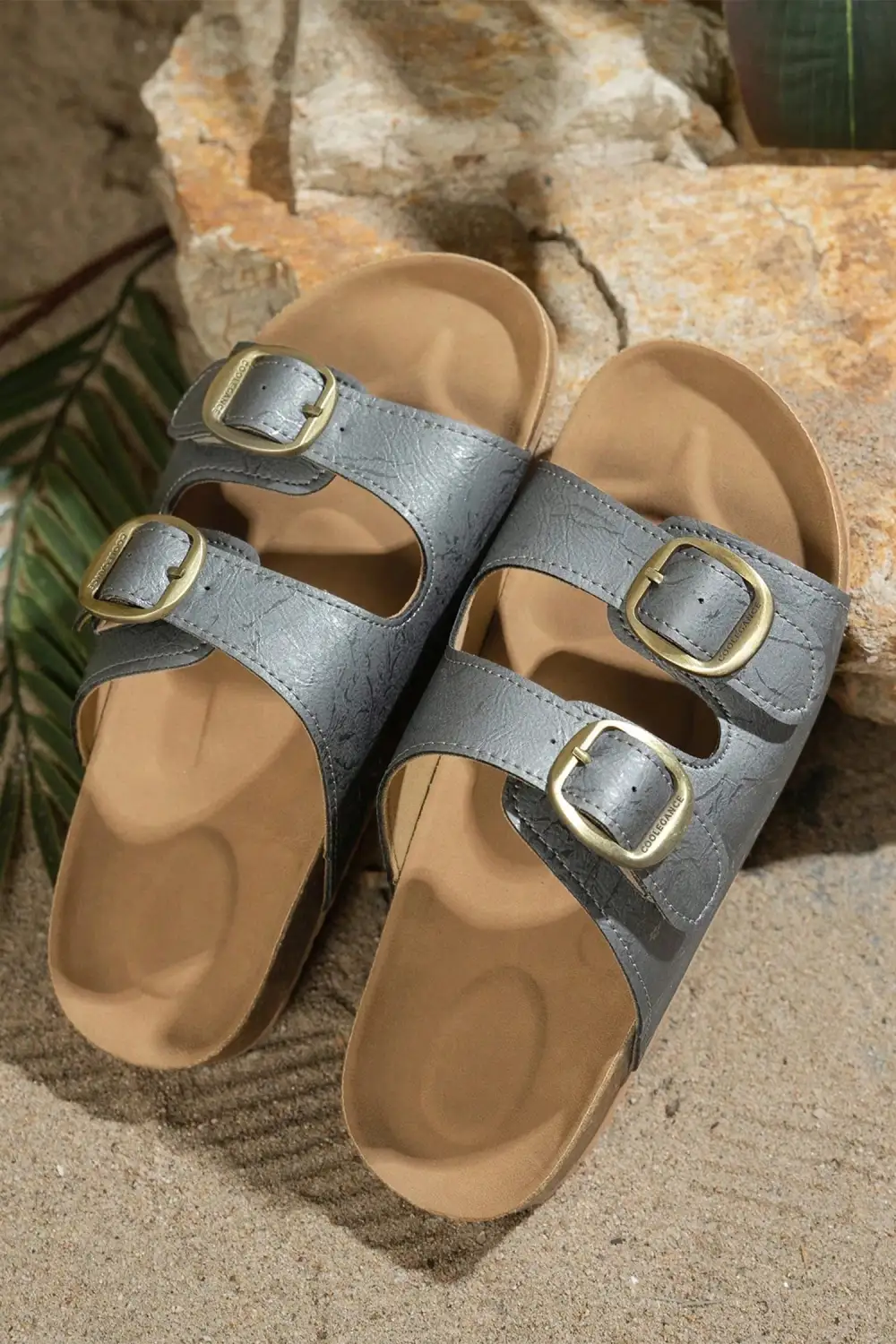 Metallic Accent Double Buckle Cutout Flat Sandals