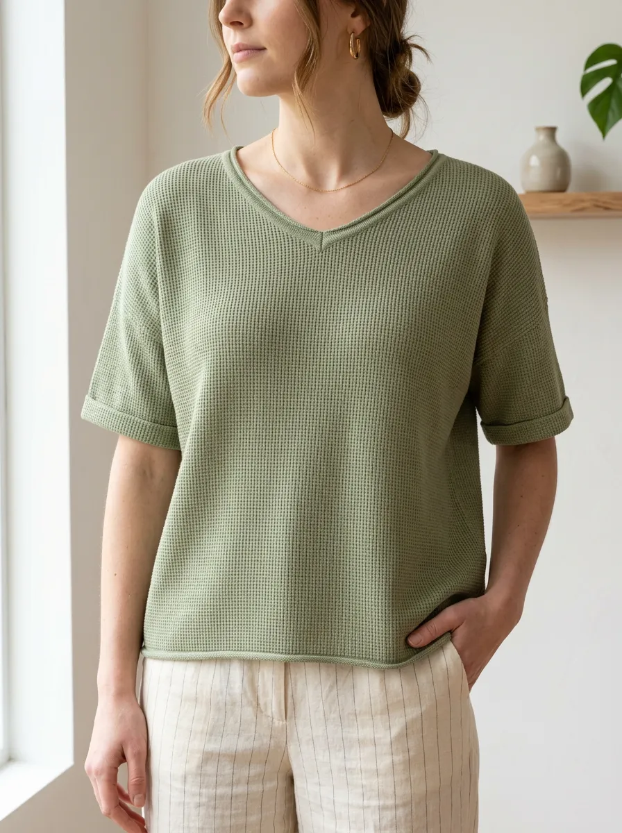 Women's Relaxed Classic-Look Waffle Knit T-Shirt