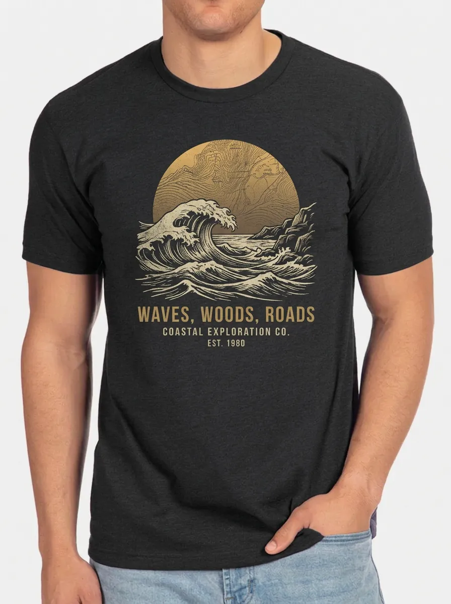 Men's Coastal Exploration Waves Woods Roads Printed T-shirt