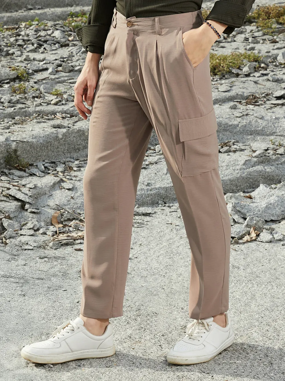 Beige Mid Rise Utility Trousers