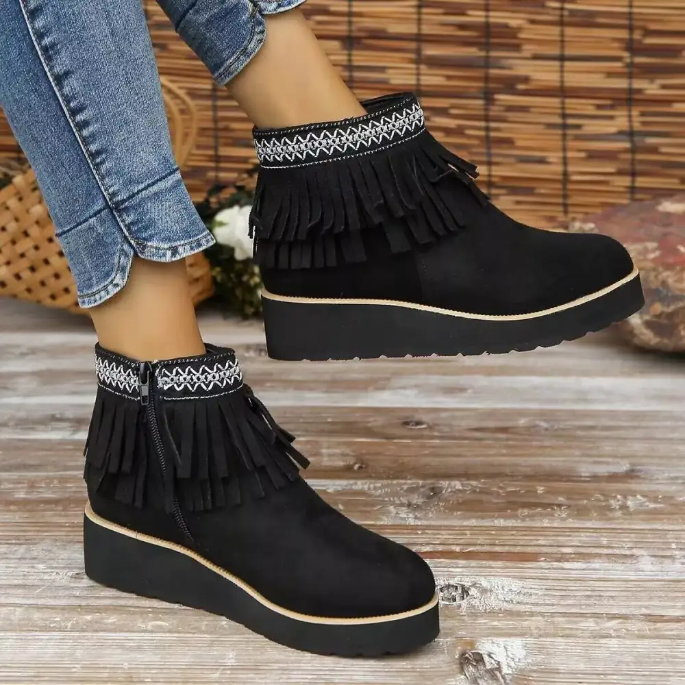 Fringe Round Toe Ankle Boots