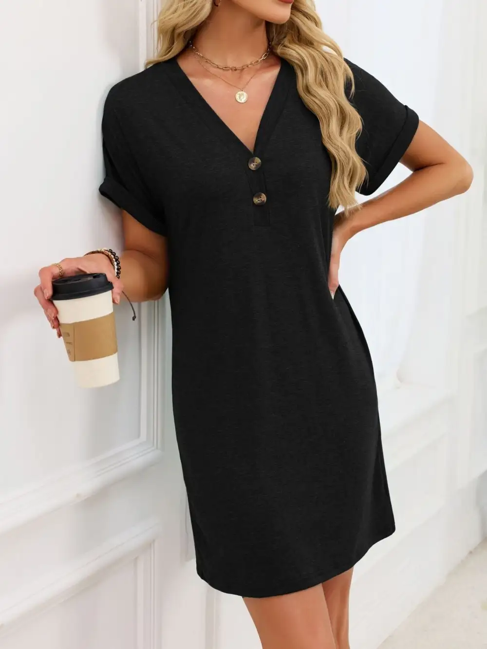 V Neck Short Sleeve Shirt Dress
