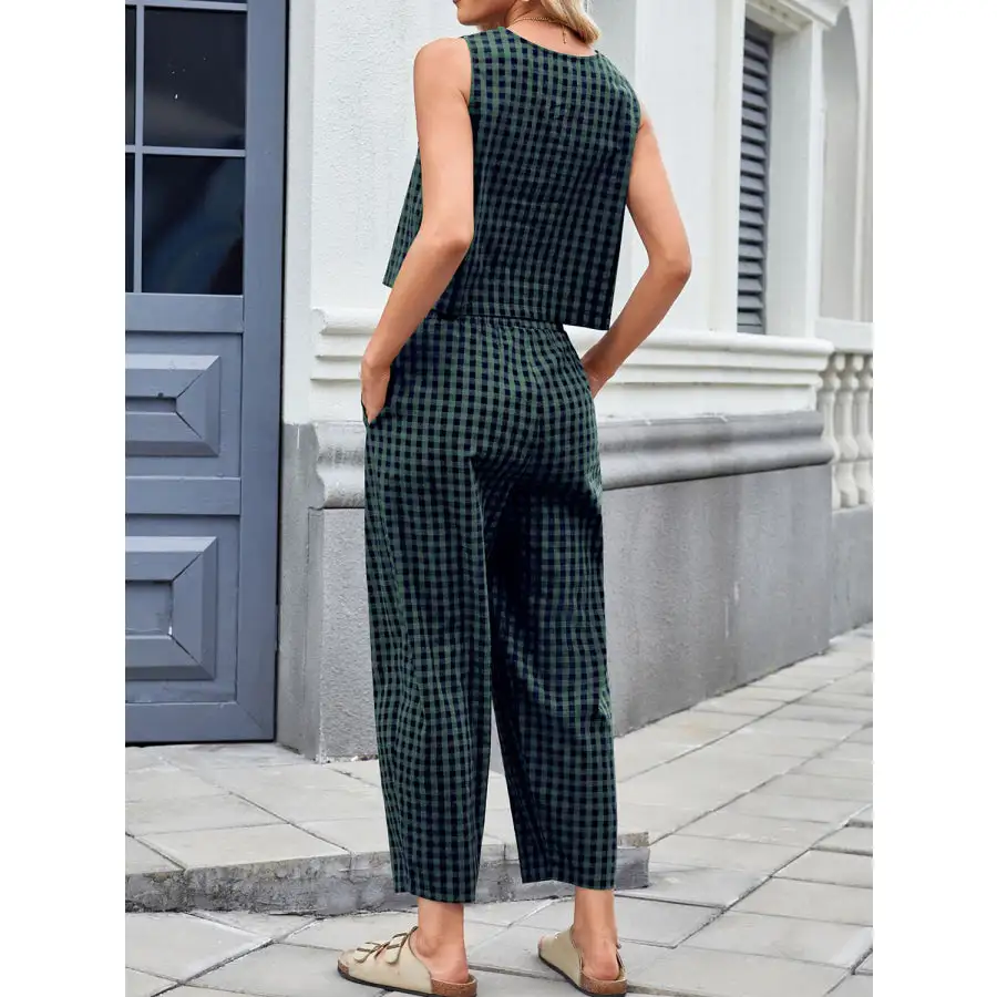 Lovelet Plaid Round Neck Sleeveless Top and Pants Set