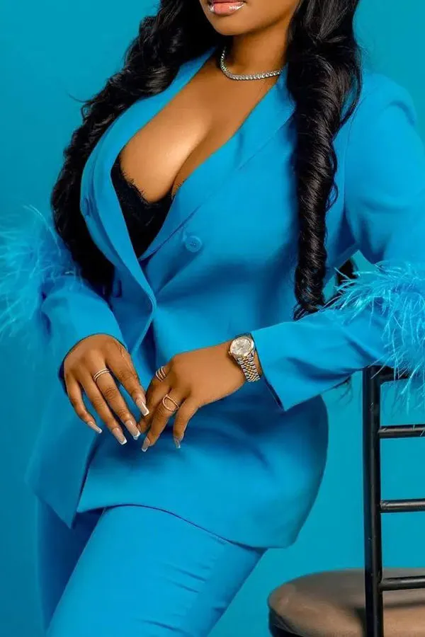 Feather Trim Stylish Pant Suit