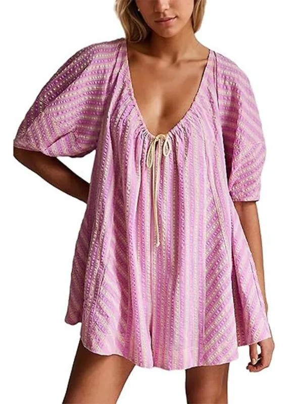 Short Sleeved Striped Jumpsuit Slim Loose Shorts