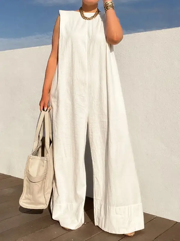 Mouwloze Jumpsuits Met Wijde Pijpen Schoudervulling Effen Kleur