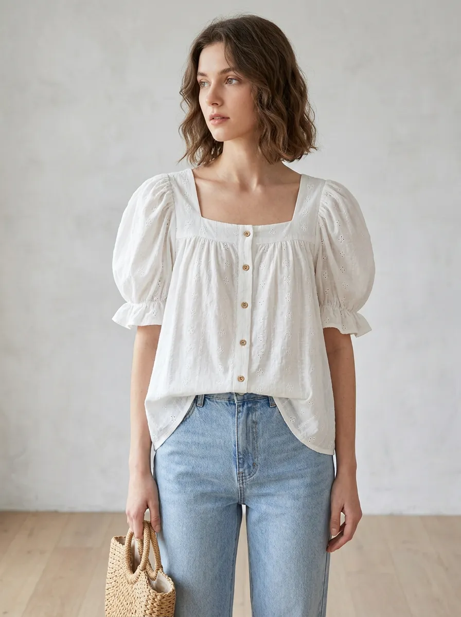 Embroidered Eyelet Square-Neck Button-Front Women's Puff-Sleeve Blouse