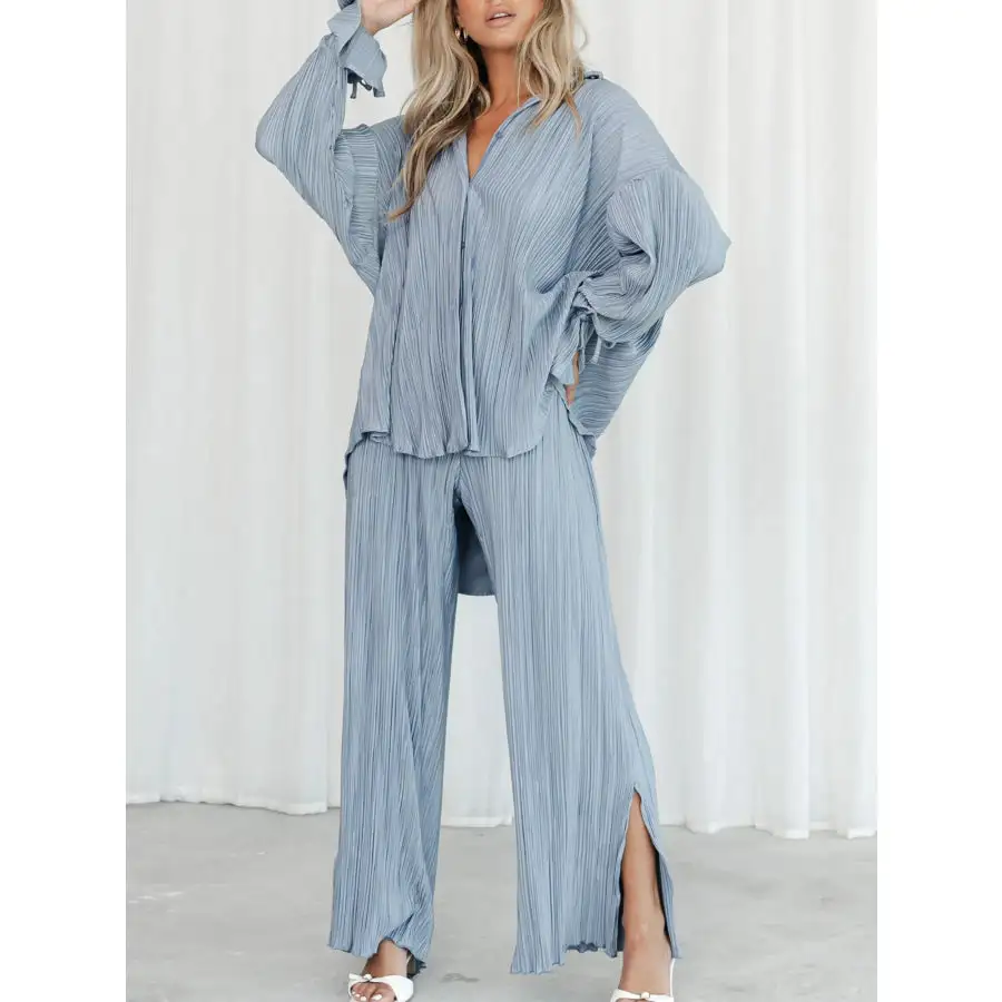 Button Up Long Sleeve Top and Pants Set