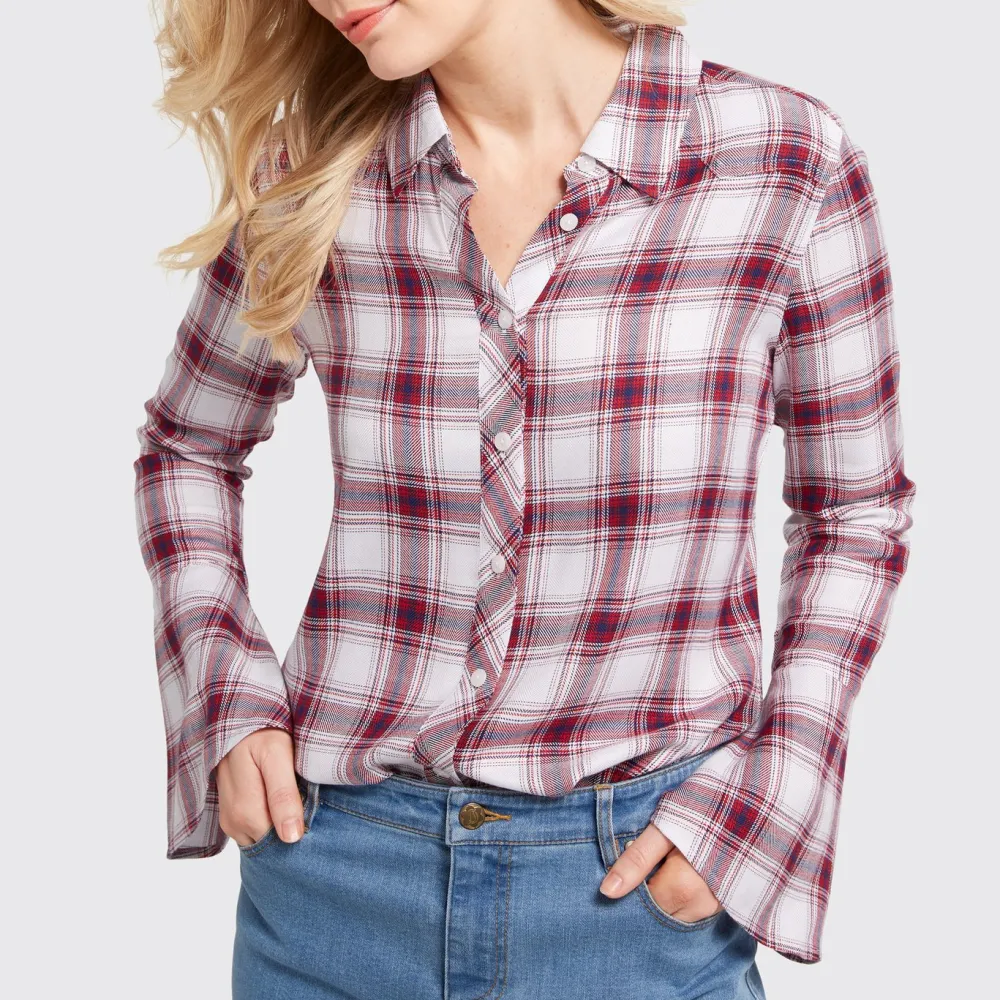 Plaid Bell Sleeve Casual Shirt