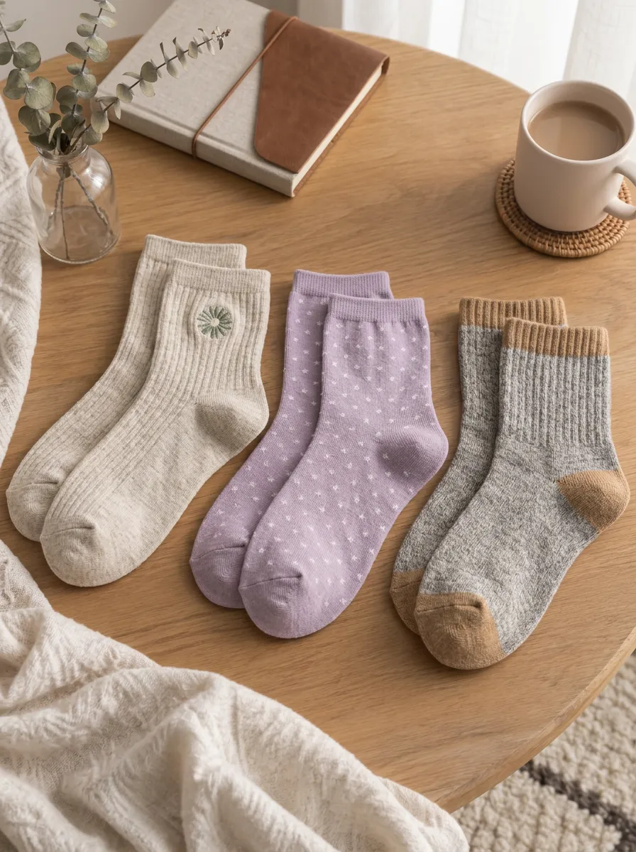 Women's Floral Star Patterned Ribbed Cotton 3-Pack Socks