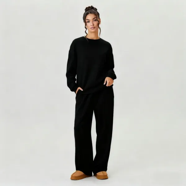 Women's Casual Solid Color Loose Long Sleeve Top & Exposed Stitches Trousers Co-ord