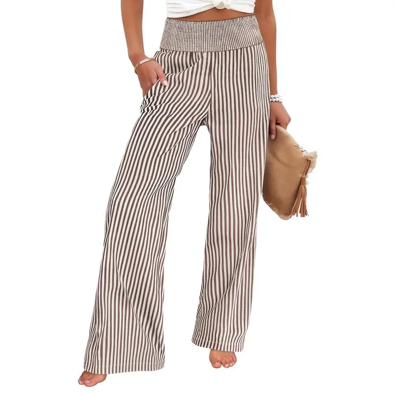 Women's High-Waisted Casual Striped And Checkered Wide-Leg Pants