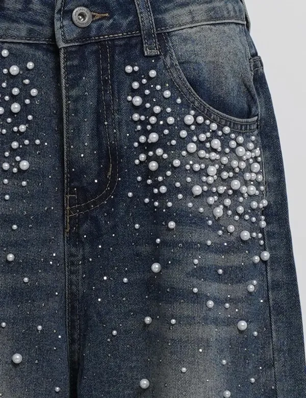 Faux Pearl Button Waist Wide Leg Denim Pants