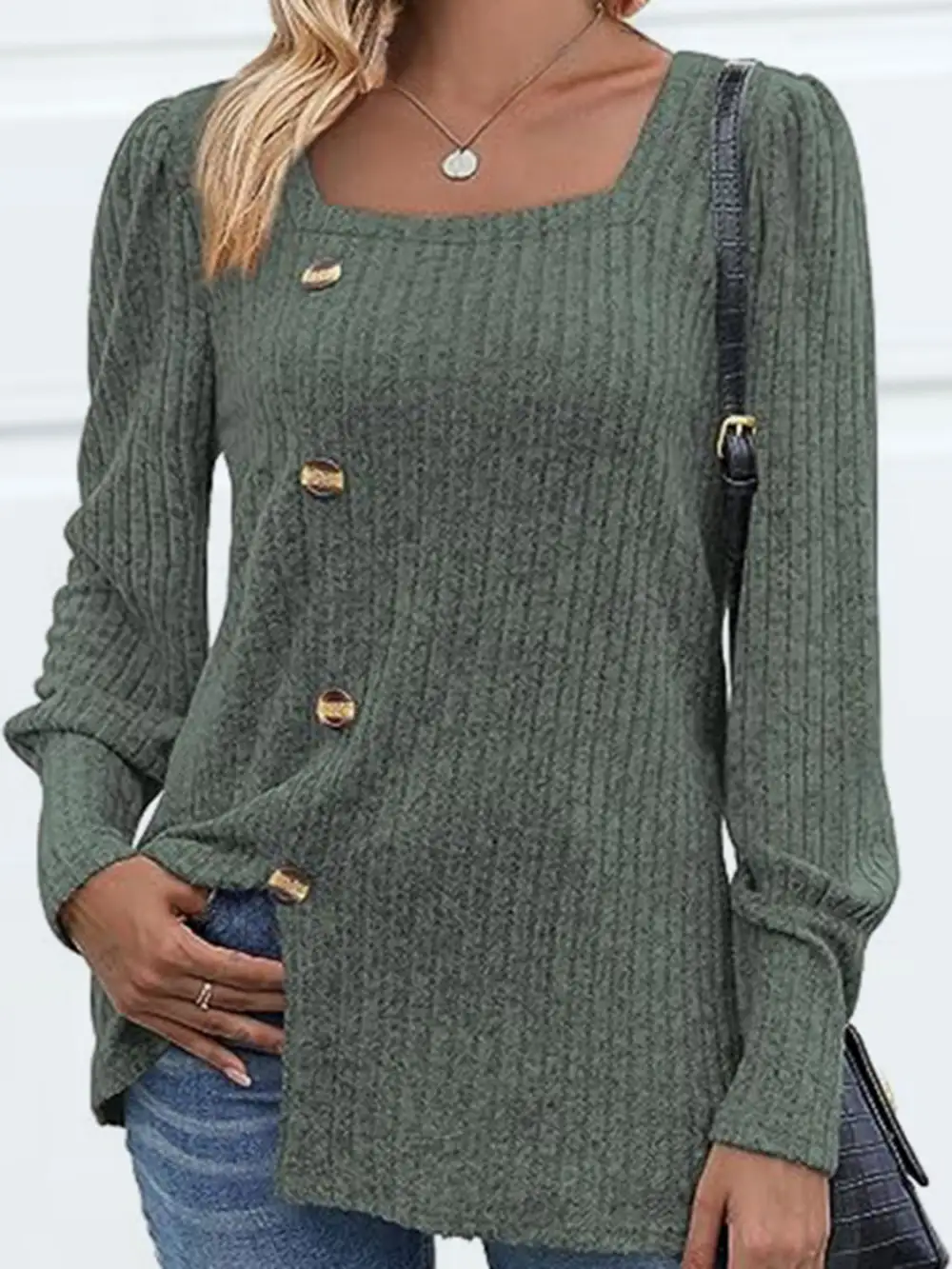 Button Front Square Neck Blouse