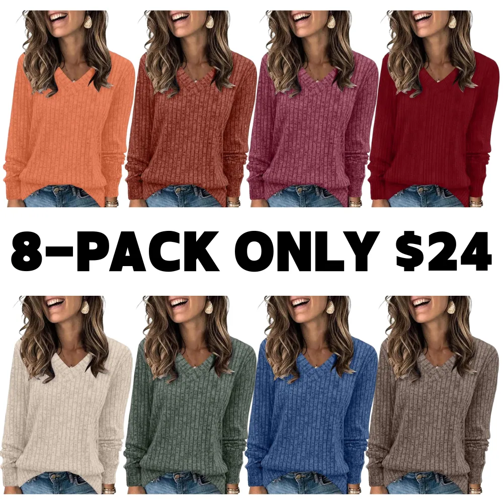 Women's V-Neck Long Sleeve Knit Sweater | Lightweight | Oversized Loose Fit Sweater for Layering
