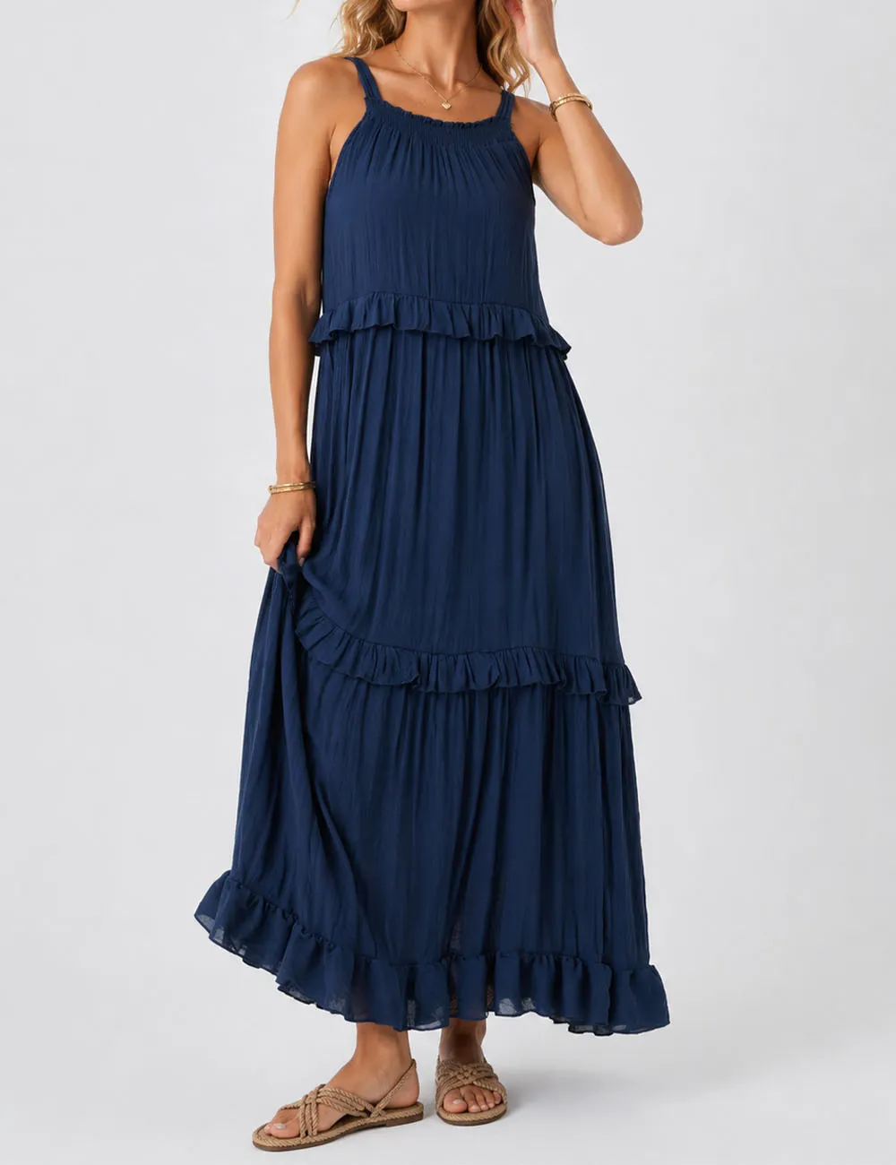 Boho Ruffle Tiered Hem Sleeveless Solid Color Maxi Dress