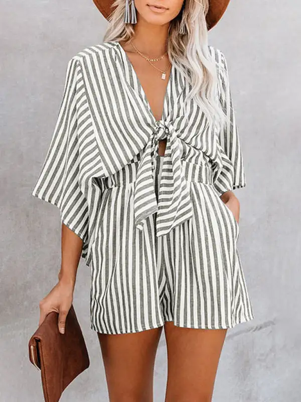 Slim Waist Striped Deep V Trumpet Jumpsuit