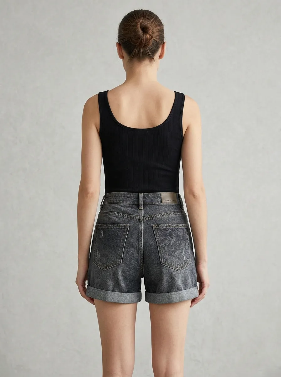 Women's Paisley Pattern Black Denim Printed Shorts