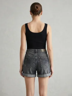 Women's Paisley Pattern Black Denim Printed Shorts