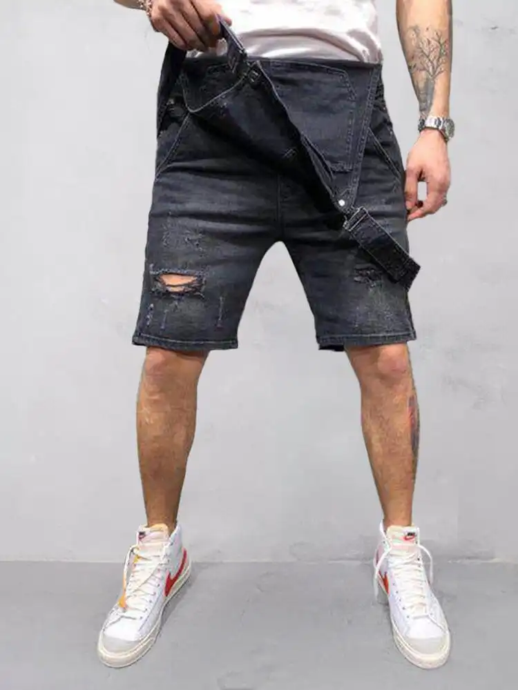 Men's Torn Denim Overalls Shorts