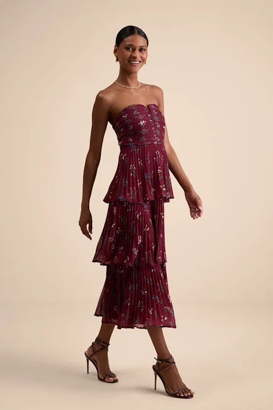 Hadelyn Lavender Floral Pleated Tiered Midi Dress