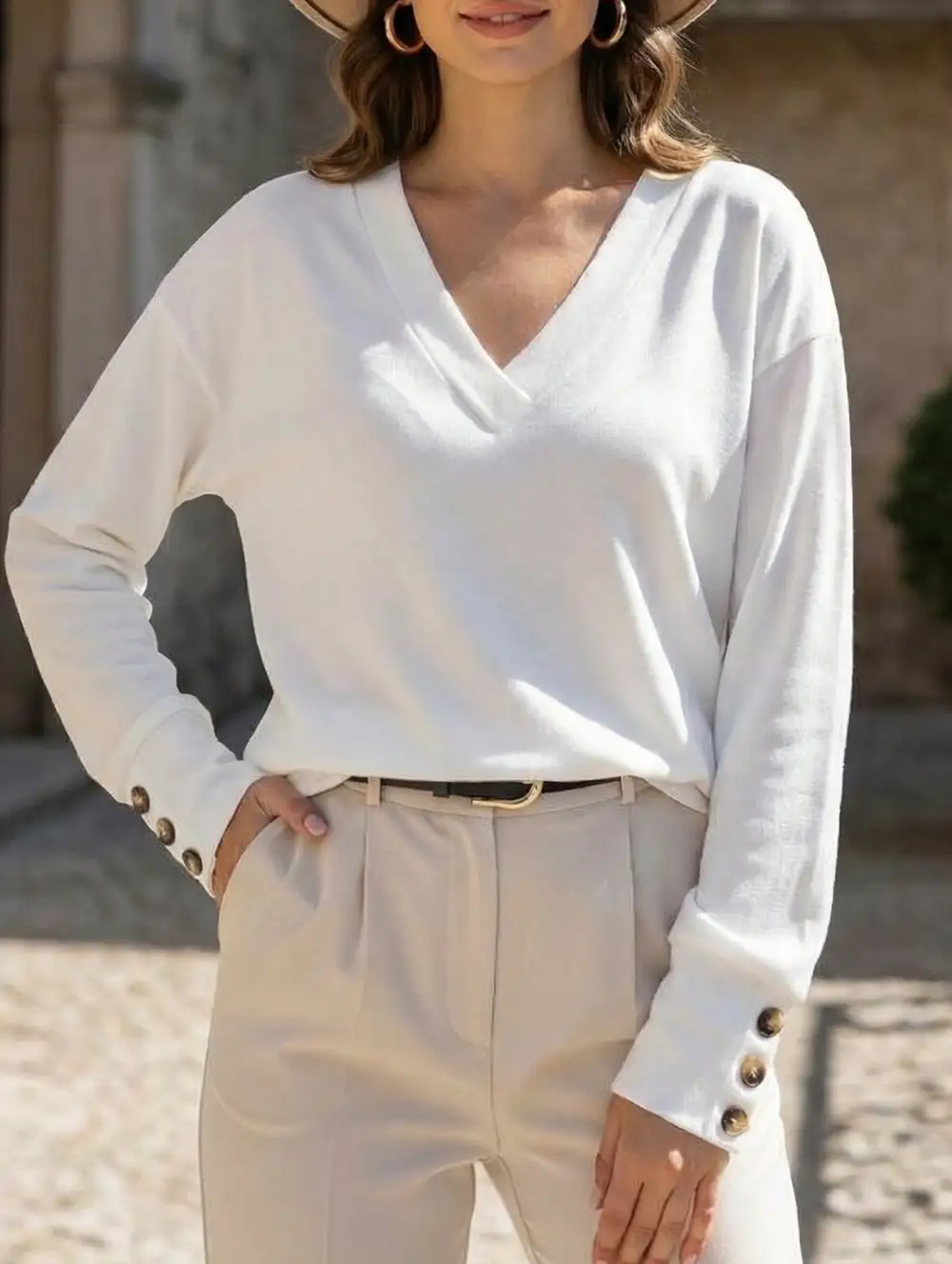 V Neck Button Loose Long Sleeve Tee