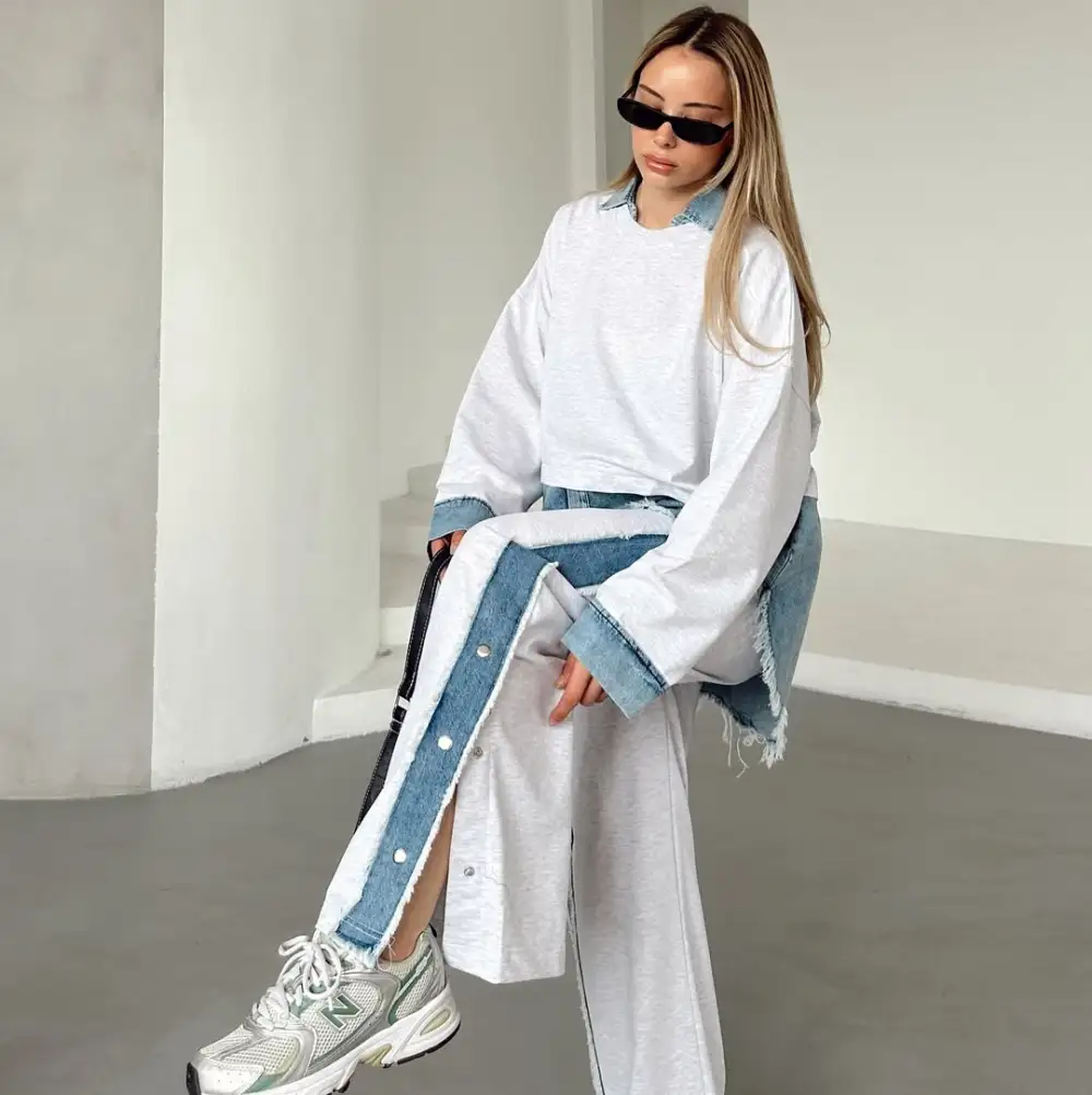 [6Pack]Women'S Knitted Patchwork Denim Top & Pants Set