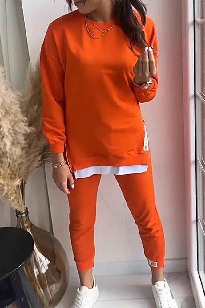 Women's Fashion Side Slit Fake Two-piece Top & Pants Two-piece Set