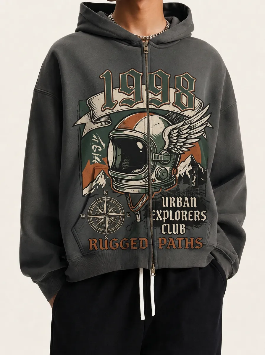 Men's Urban Explorer 1998 Astronaut Compass Printed Zip-up Hoodie