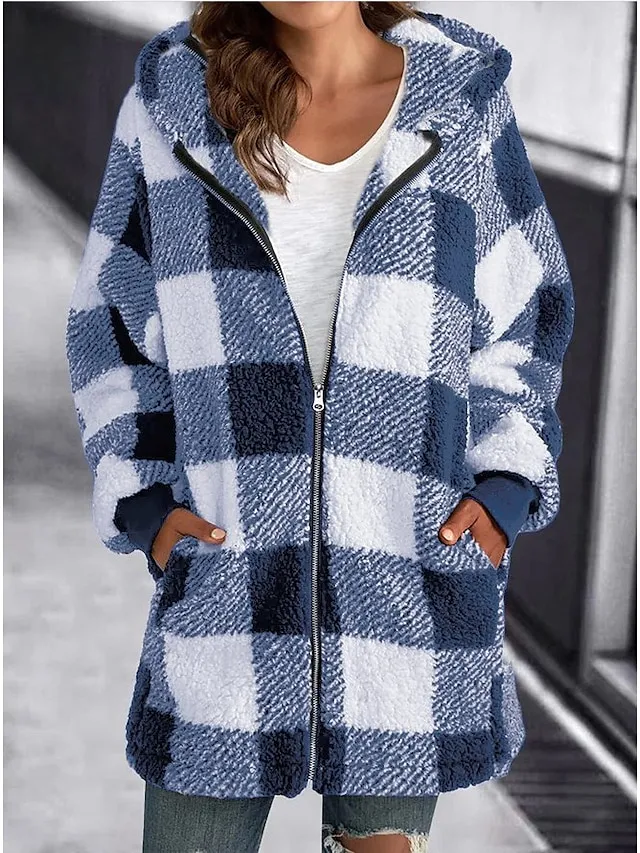 Women's Fleece Jacket Fleece Basic Pocket Zip Up Black Light Green Red Plaid Street Casual Hoodie Long Sleeve Top Micro-elastic Fall & Winter