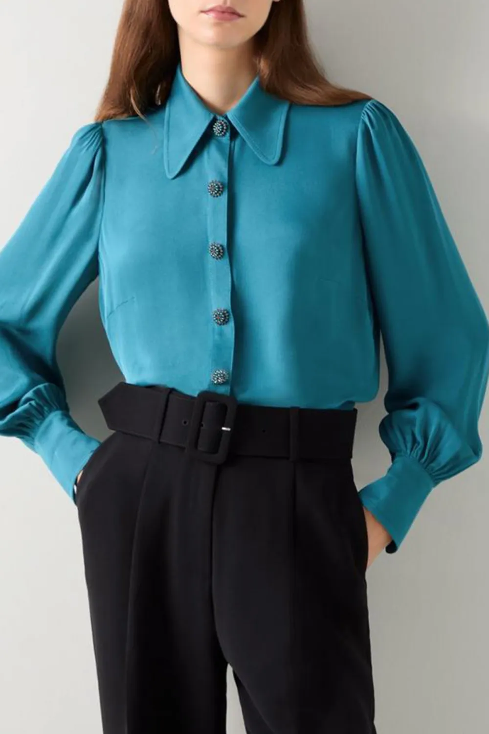 Teal Long Sleeve Button Down Silk Blouse