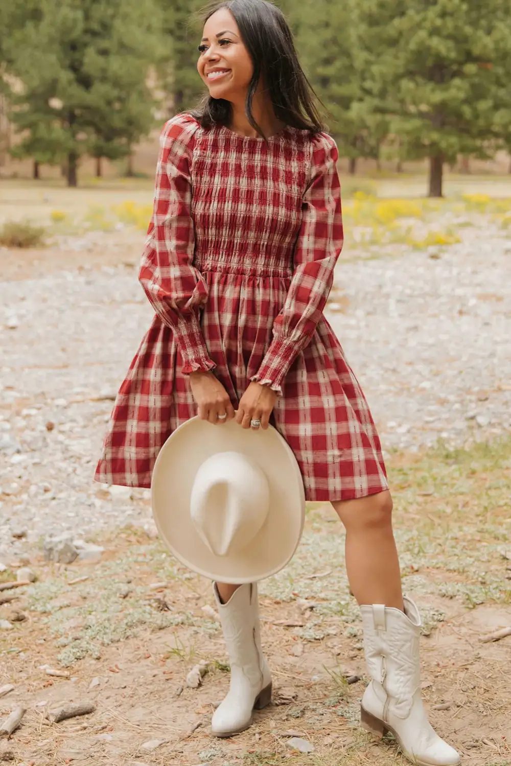 Lightweight Feel Plaid Printed Smocked Mini Dress