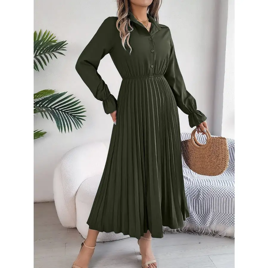 Pleated Half Button Long Sleeve Midi Dress