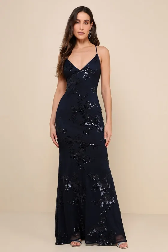 Valhalla Navy Blue Sequin Lace-Up Maxi Dress