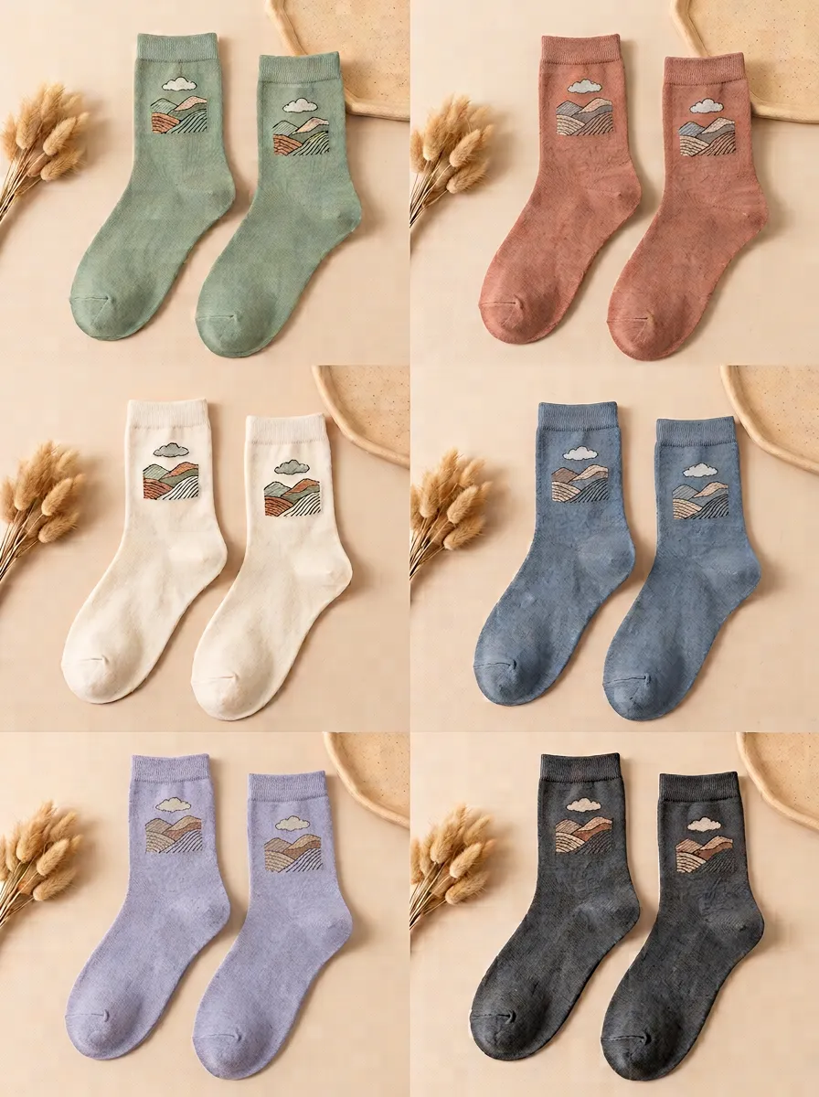 Women's Landscape Embroidered Ribbed Crew Socks Six Pair Set