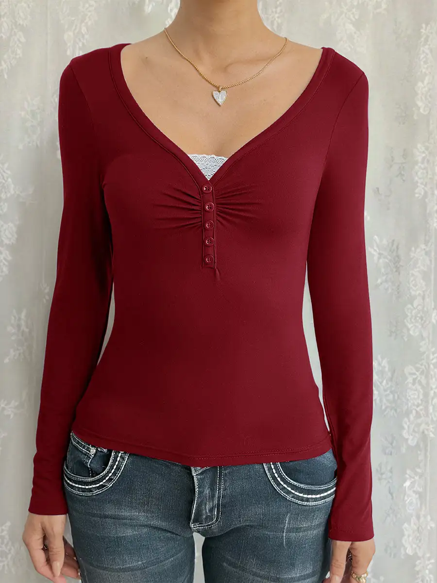 Layered Look Long Sleeve Button Detail Pleat Detail Panel Detail V-Neck T-Shirt