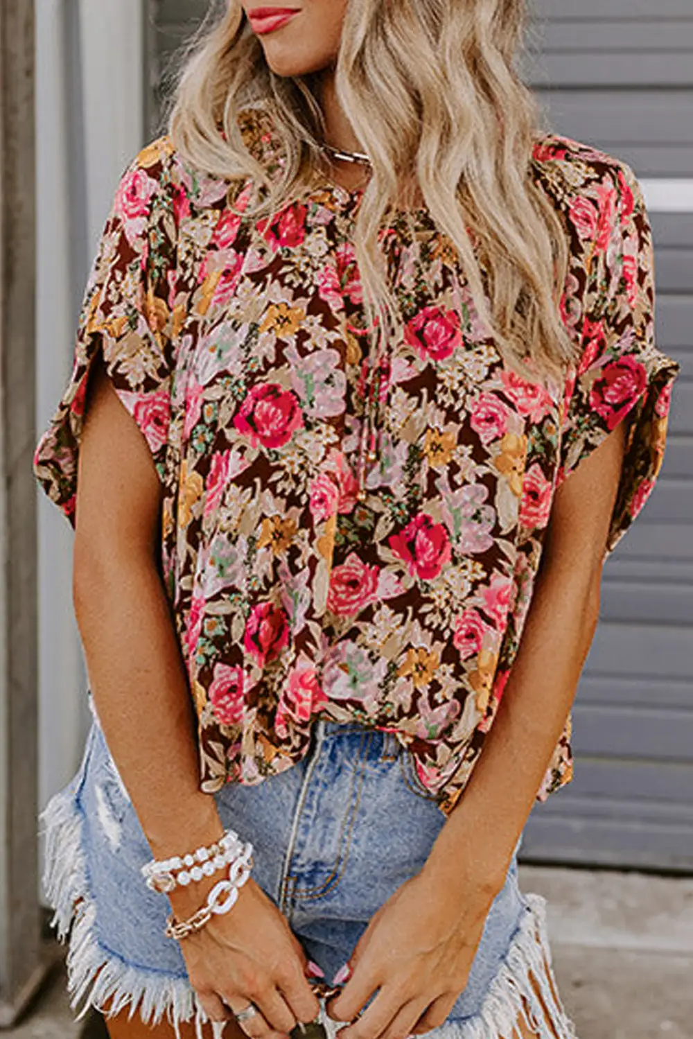 Floral Crew Neck Short Sleeve Blouse