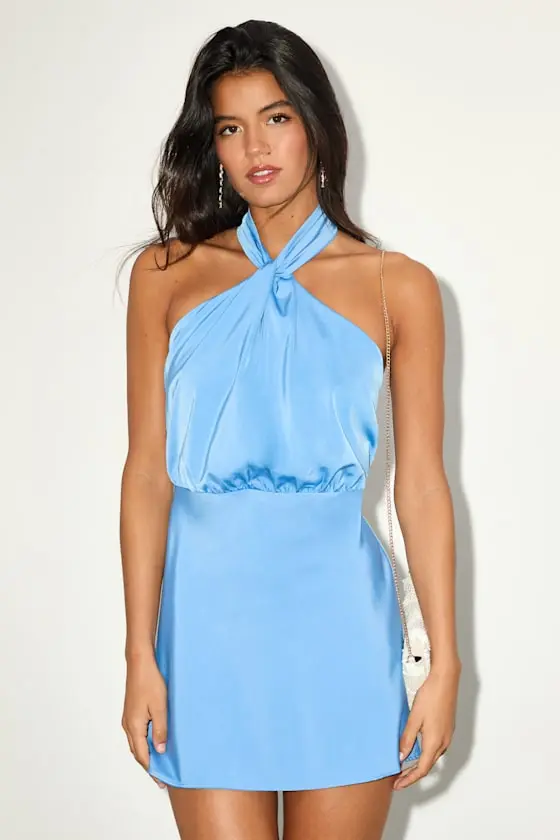 Sleek Essence Blue Floral Satin Halter Sleeveless Mini Dress