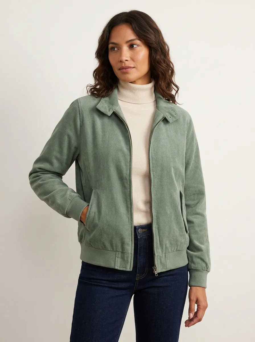 Women's Casual Sage Green Corduroy Zip-Up Bomber Jacket