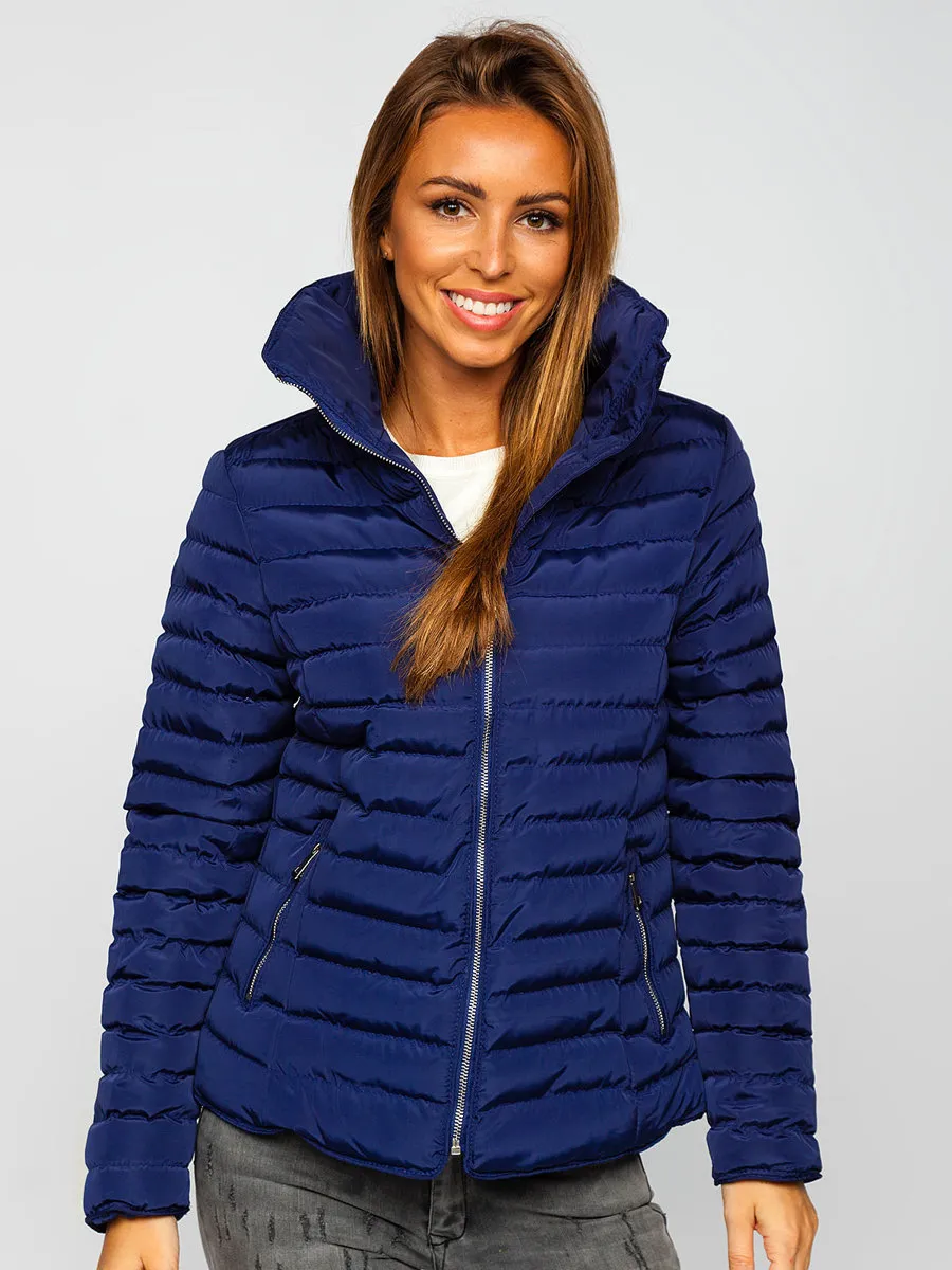dark blue women's quilted winter jacket without hood