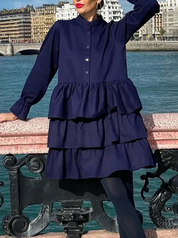 Flared Sleeve Long Sleeve Buttoned Elasticity Layered Solid Color V Neck