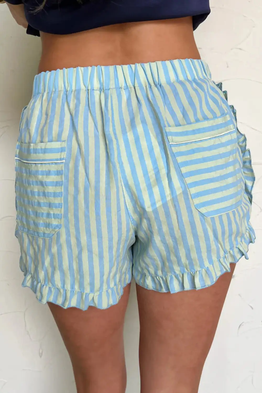 Woven Striped Elastic Waist High Waist Ruffled Shorts