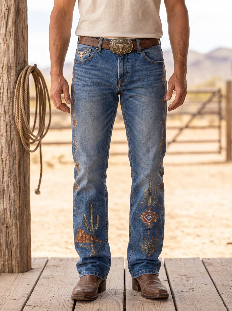 Men's Heritage Inspired Western Cowboy Cactus Desert Jeans