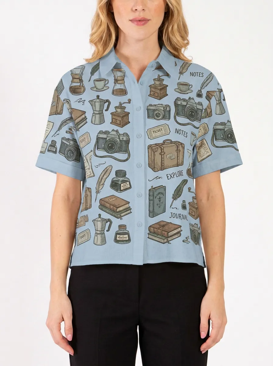 Women's Travel Hobbyist Camera Journal Printed Button-up Shirt