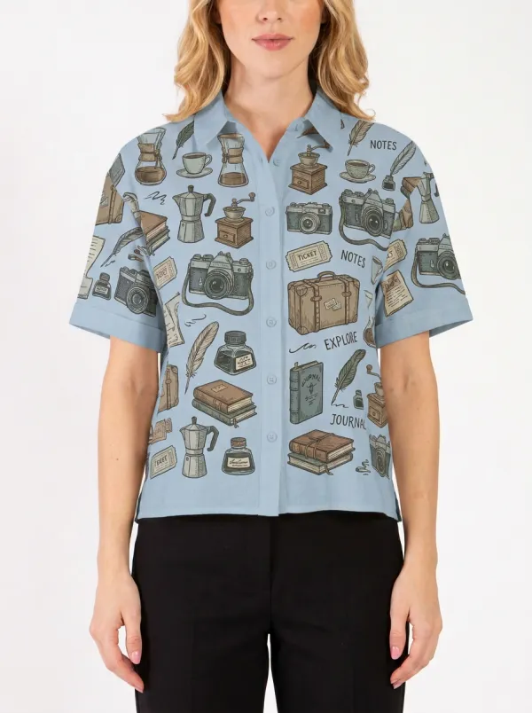 Women's Travel Hobbyist Camera Journal Printed Button-up Shirt